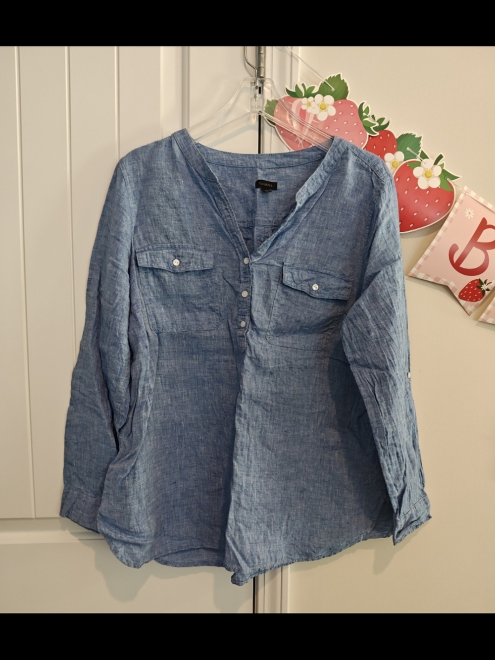 Talbots Linen Roll Tab Henley Tunic XL Blue Coastal Preppy